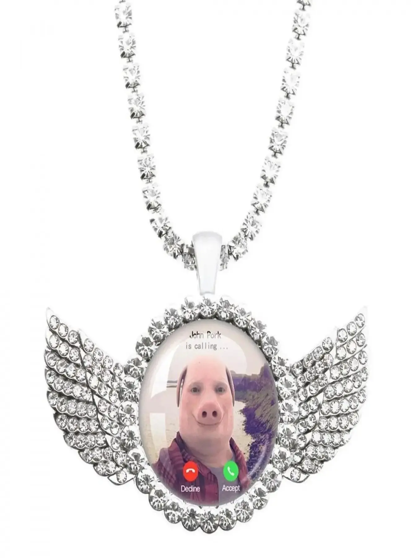 Wings Rhinestone John Pork Meme Pendant Necklace, Humorous Alloy Chain, Casual Street Jewelry, All Seasons Wear, Durability, Birthday Gift for Meme Fans