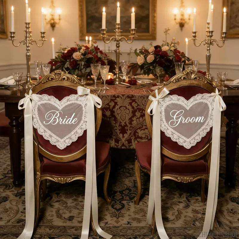 Set of 2 Just Married Wedding Chair Signs with Ribbon, Romantic Bride & Groom Chair Banners, Sweetheart Table Back Decor for Wedding Ceremony Reception