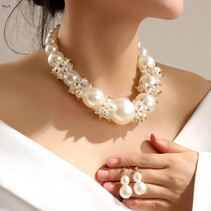 Oversized Gradient White Imitation Pearl Jewelry Set, Chunky Bib Choker Necklace & Double Pearl Drop Earrings, Elegant Bridal Wedding Statement Pearl Accessory for Women