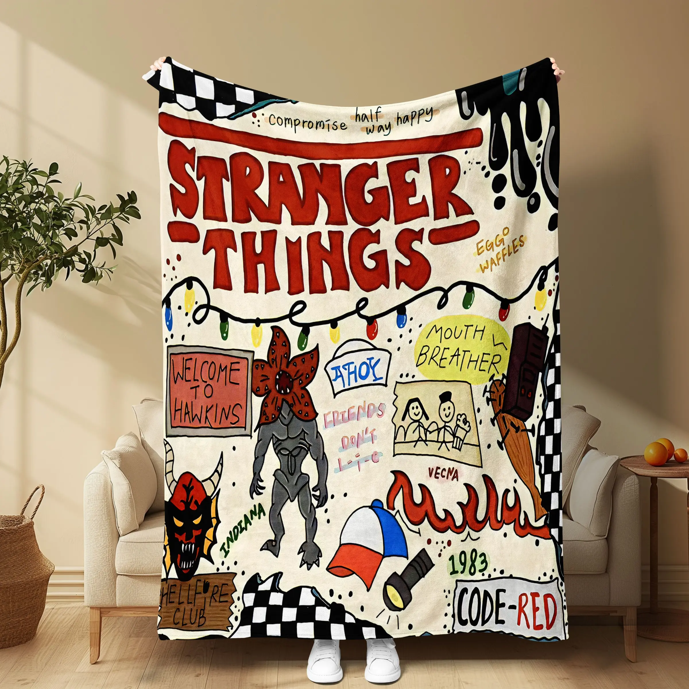 Stranger Things Retro Graffiti Fleece Blanket, Vintage 80s Horror Theme, Soft High-Density Fleece, Perfect for Sofa, Office, Photography
