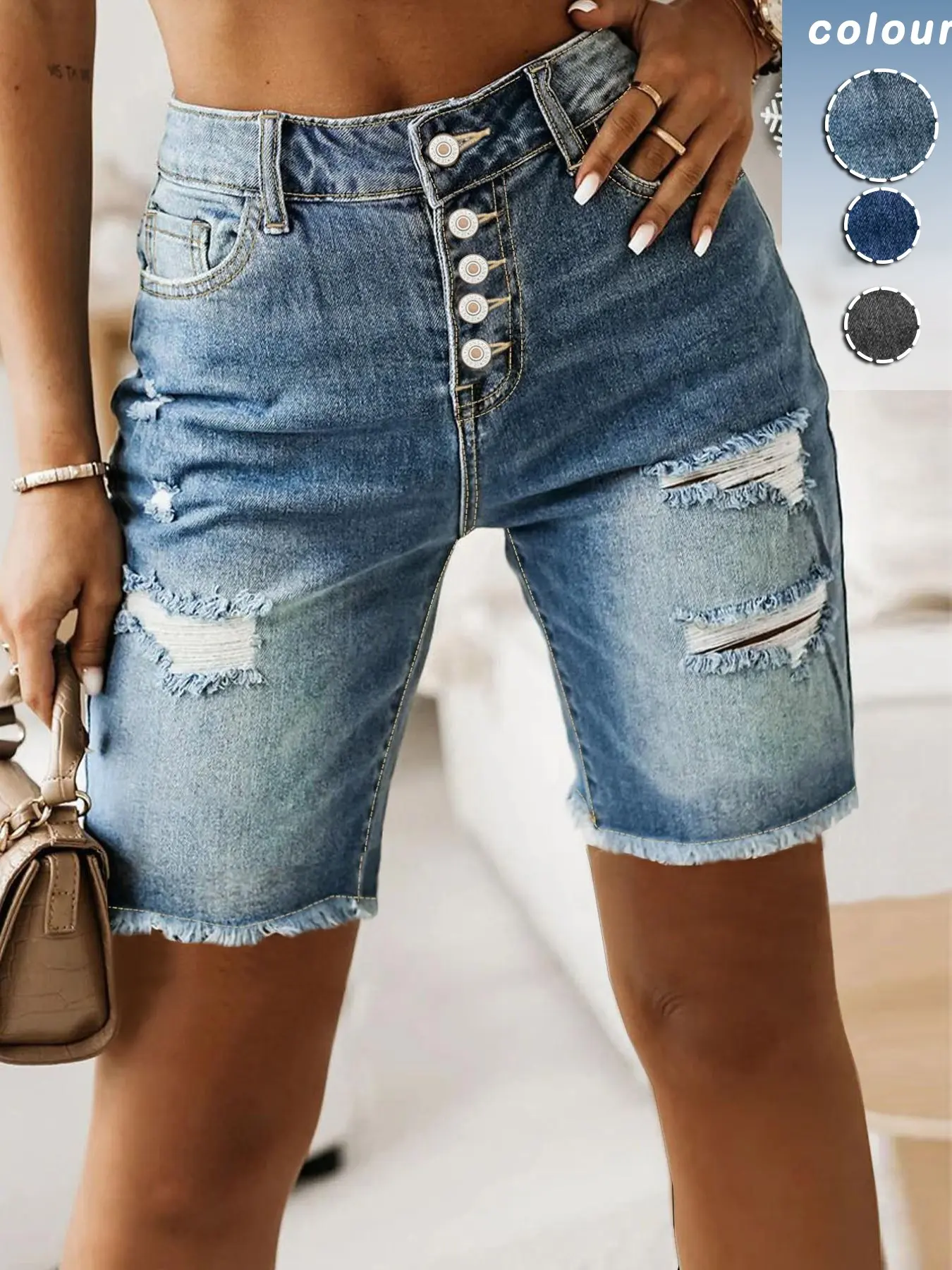 Women's High Waist Ripped Frayed Hem Denim Shorts, Casual Distressed Design for Daily Wear, Summer
