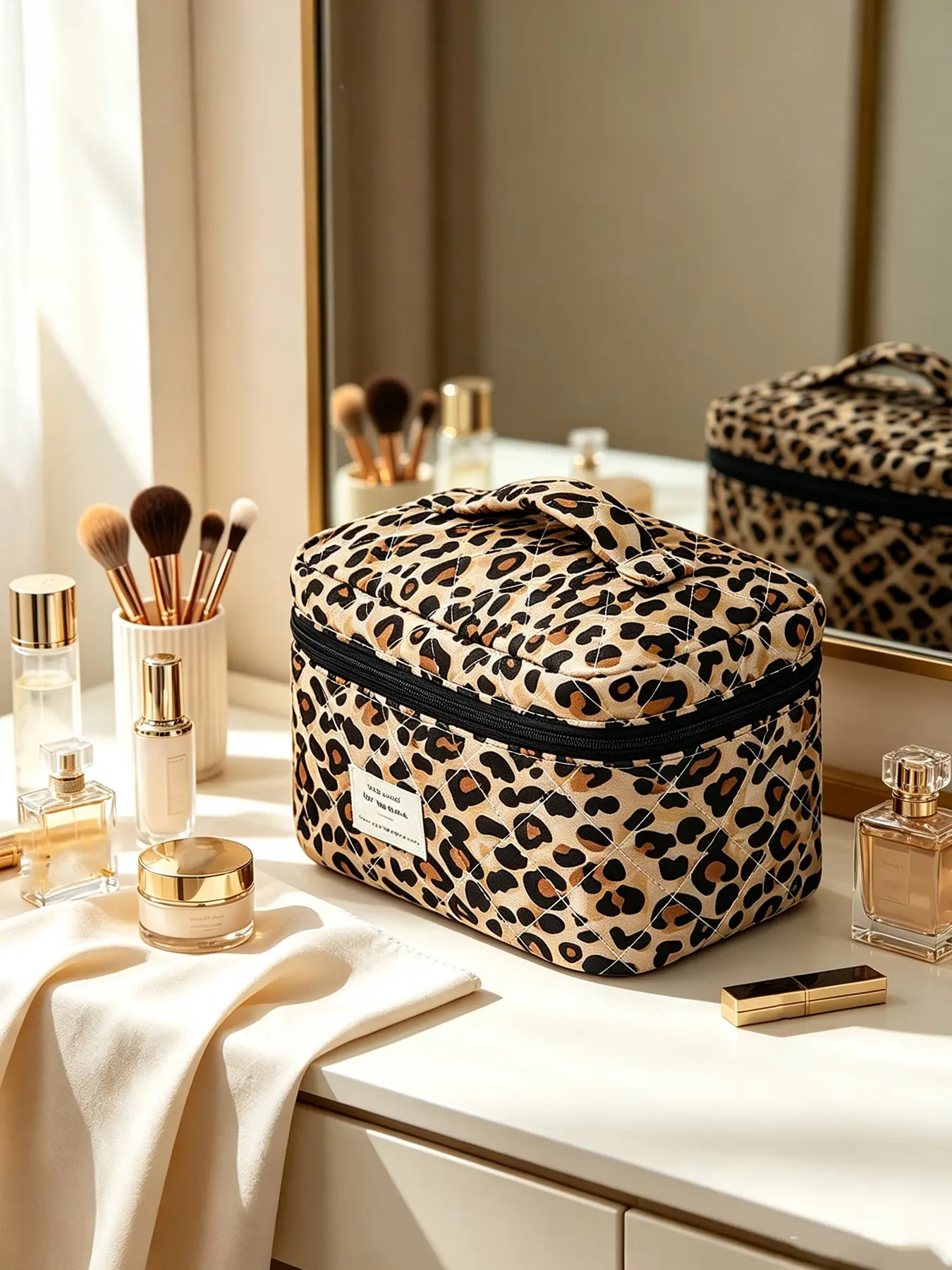 Vintage Leopard Print Quilted Cosmetic Bag with Hand Handle, Portable Travel Makeup Organizer for Skincare, Cosmetics & Makeup Brushes, Elegant Holiday Gift for Women, Multiple Sizes & Quantities Optional