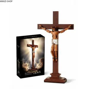 Lighted Cross Building Block Set, Faith Inspired Religious Decor for Home Church Office Desk and Holiday Room Display Accent