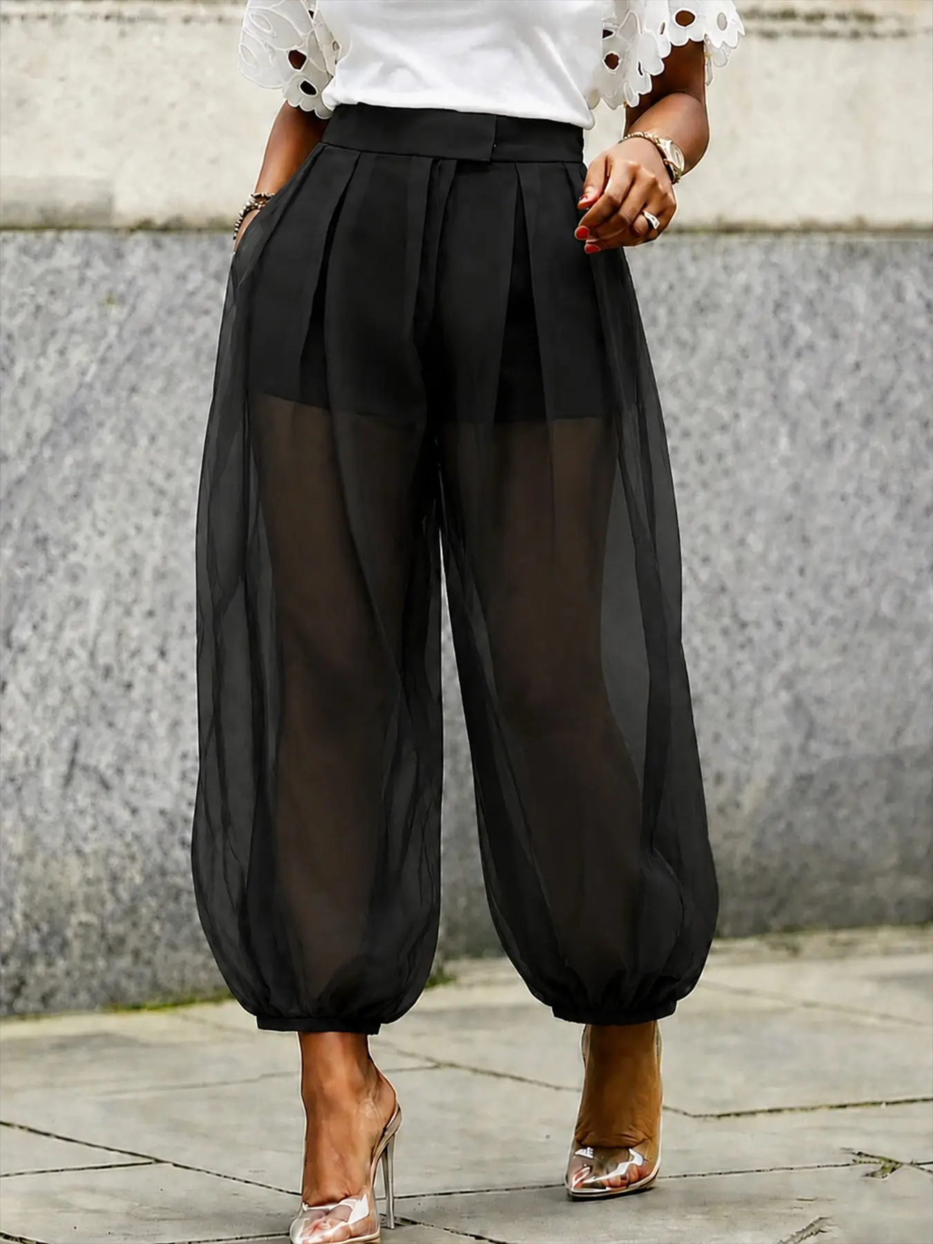 Women’s High Waist Mesh Pants Pleated Balloon Trousers Loose Fit Wide Leg Casual Street Style Party Outfit