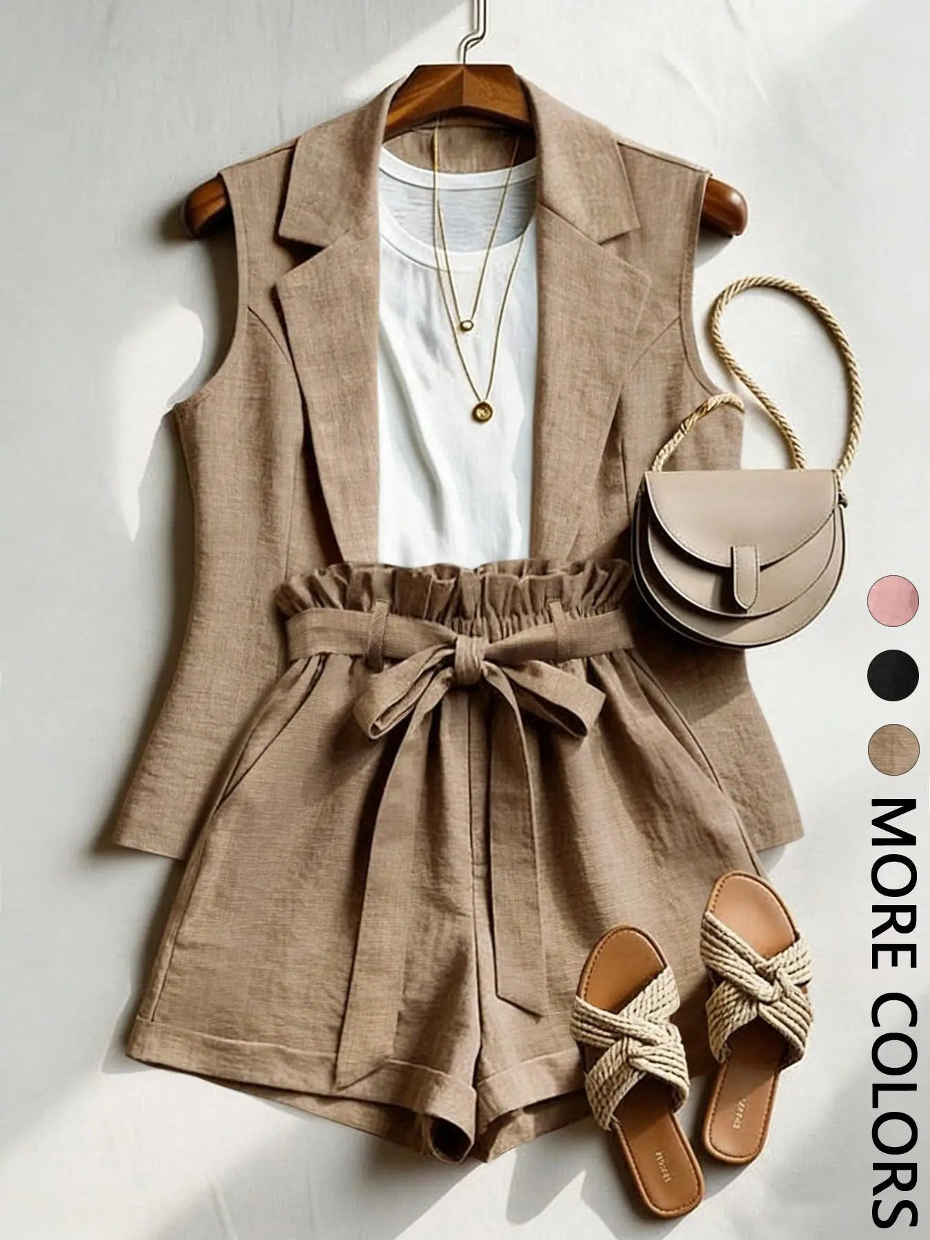 Women's 2-Piece Set Sleeveless Collared Vest Top + Ruffled Tie Shorts, Casual Office Wear, Daily, Vacation Style