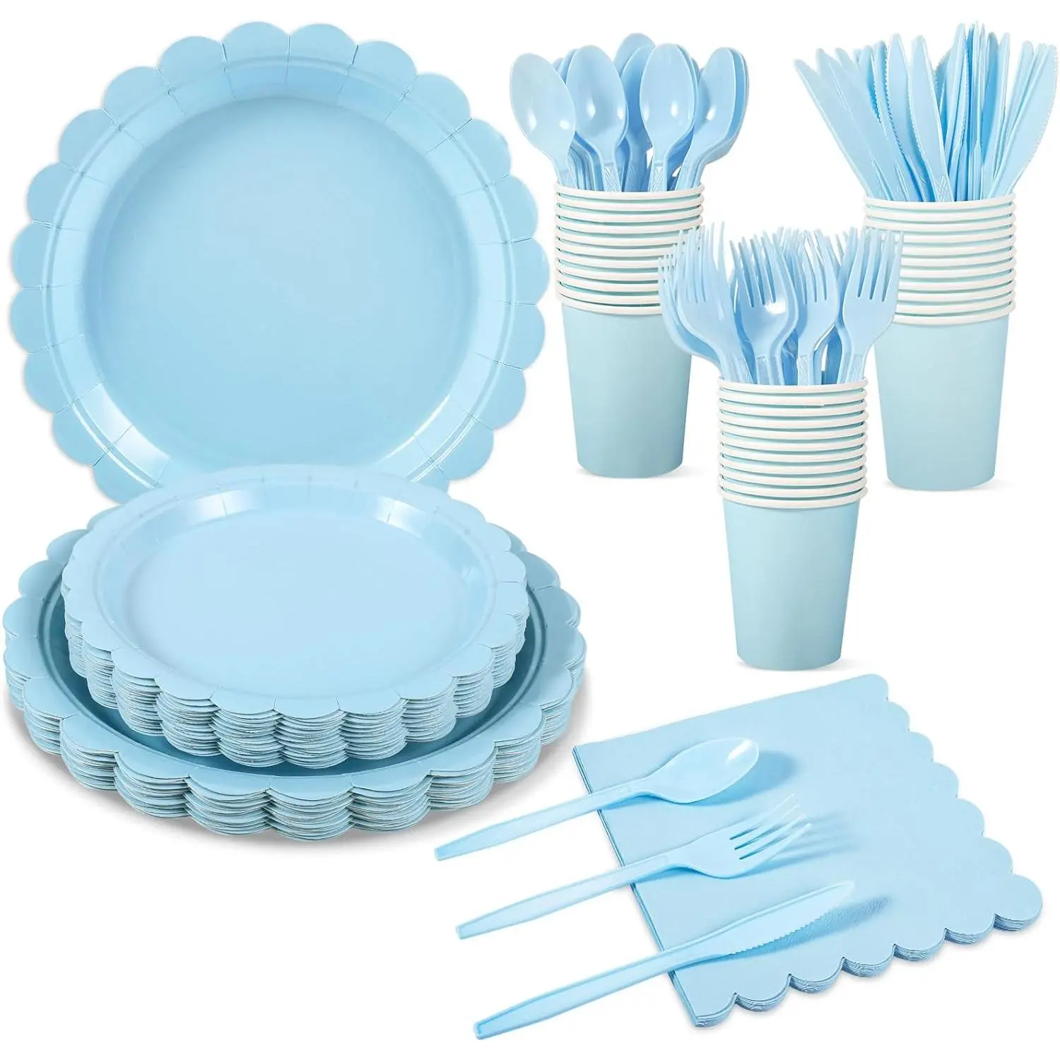 175 Pcs Light Blue Paper Plates and Napkins, Boy Baby Shower Decorations Include Blue Scalloped Plates Napkins Cups for Kindergarten Graduation, Birthday, Bridal Shower, Wedding