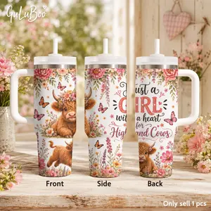 Highland Girl Floral Quotes Vacuum Flasks 40oz Stainless Steel Tumbler with Handle & Straw – Vacuum Insulated Travel Mug, Keeps Drinks Cold Up to 24H, Leak-Resistant Cup for Iced Coffee, Water, Gym, Office & Travel