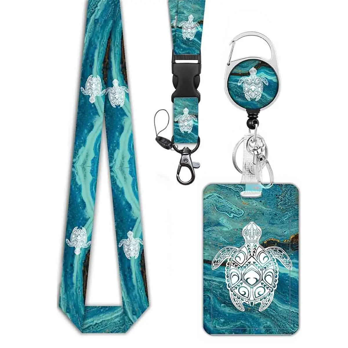 Turtle Pattern ID Badge Holder Set, Lanyards with ID Holder, 1 Set Including Personalized Lanyard & Retractable Badge Reel & Keychain, Badge Reels Retractable, Id Holders For Badges, Identification Badges & Supplies for School & Office