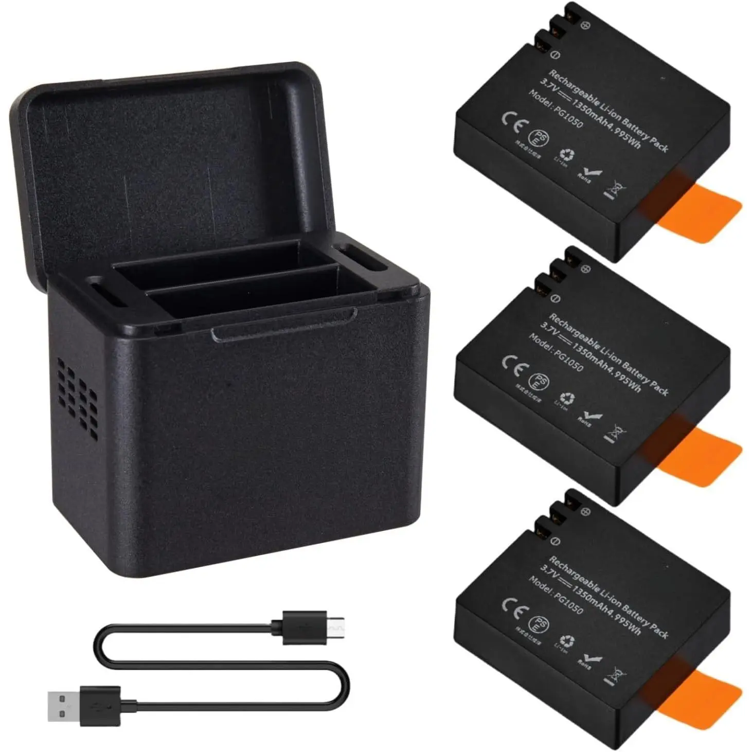 PG1050  Charger 3-Packs 1350mAh  and LED Charger | Action Camera  for  EK7000,Brave 4,EK7000 pro,SJCAM SJ4000,Wolfang,Dragon ,Apexcam,-Slot USB-C Charger