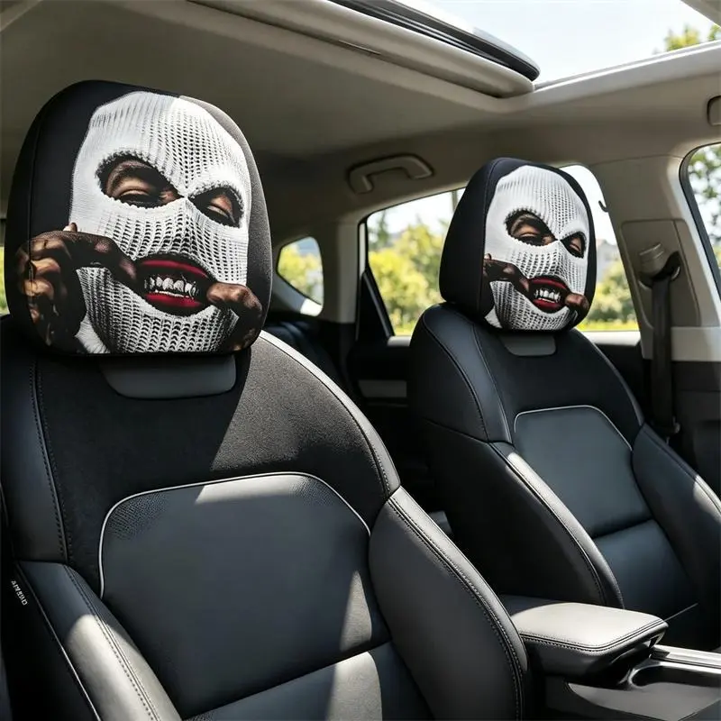 Gothic Ski Mask Car Headrest Covers 2 PCS, Breathable Fabric with Edgy Bite Lip Design, Universal Fit Vehicle Accessories, Washable Aesthetic Car Interior Accessories for Trucks & SUVs, Aesthetic Car Accessory, Automotive Decorative Accessories homedecorL