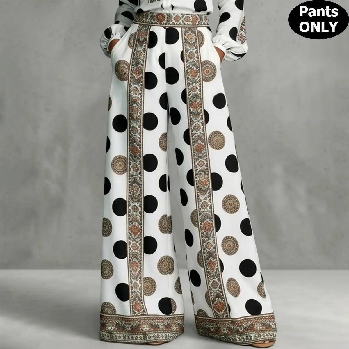 Women's Dot Paisley Floor-Length Palazzo Pants - High Waist Silky Satin Loose Leg Trousers with Side Pockets, Hidden Zip, Elastic Back Waistband, Resort & Workwear Bottoms, Loose Legs,clothes for back to school,first day of school outfits