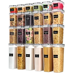Food Storage Containers with Lids, 24 pcs Plastic Kitchen and Pantry Organization Canisters for Cereal, Dry Food, Flour and Sugar, Free, Includes 24