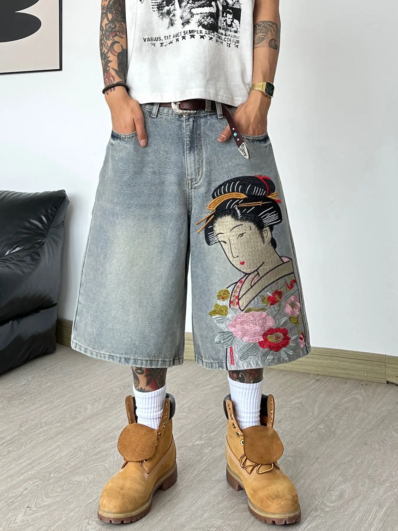 New Summer Retro Vintage Blue Japanese Girl Embroidered Loose Five-Quarter Men's Denim Jeans Zipper Shorts, Y2K American Fashion Street Style, Multiple Sizes Available
