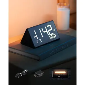 【DealsForYouDays】VEVOR Digital Alarm Clock, Wooden Desk Clock with Dual Alarm, USB Port, Snooze, Night Light, Voice Control, Adjustable Volume, Bedside Desktop Clock with Charger for Bedroom, Kitchen, Office, Black