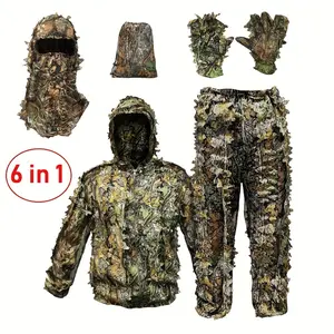 6 in 1  ghillie suit Breathable Camouflage Hunting Suit for Men Woman Lightweight and Hooded Wild Leafy Design woodland hunter outdoor Camou Cloth