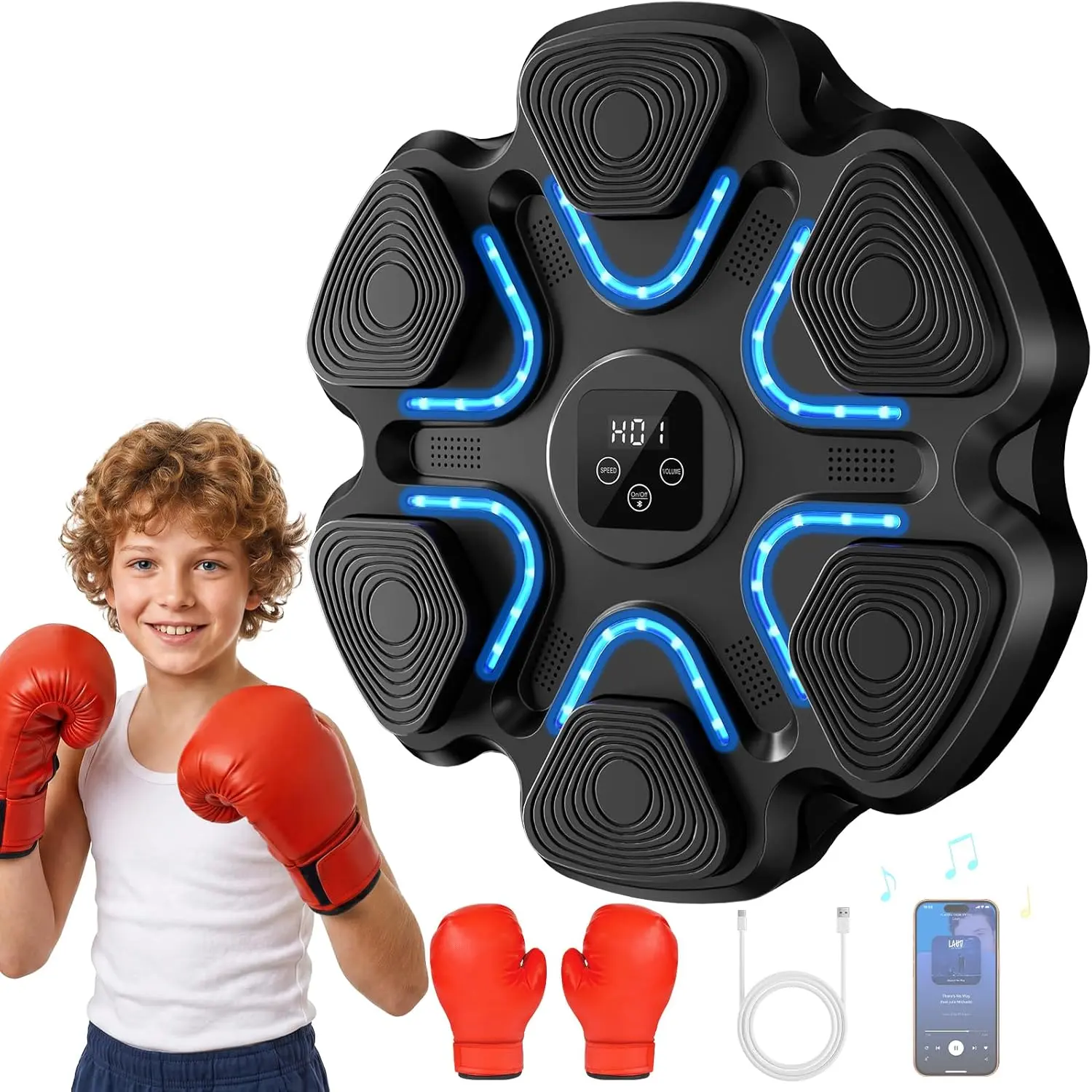 Music Boxing Machine, Interactive Punching Trainer with Boxing Gloves, Large Size Wall Mounted Electronic Boxing Target for Adult Kids, 9 Modes & 9 Speeds