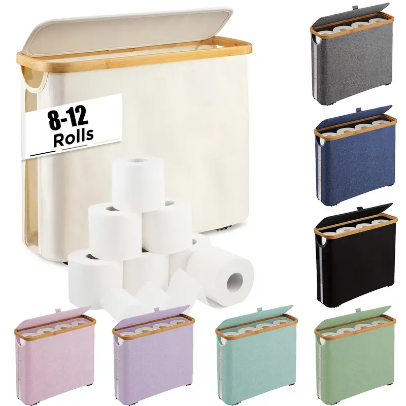 Multi-Color Toilet Paper Holder, Toilet Paper Storage, Bamboo Frame Mini Laundry Basket, Bathroom Organizer Supplies, Fits 8-12 Rolls, Ideal for Home & Narrow Spaces, Bathroom Organization