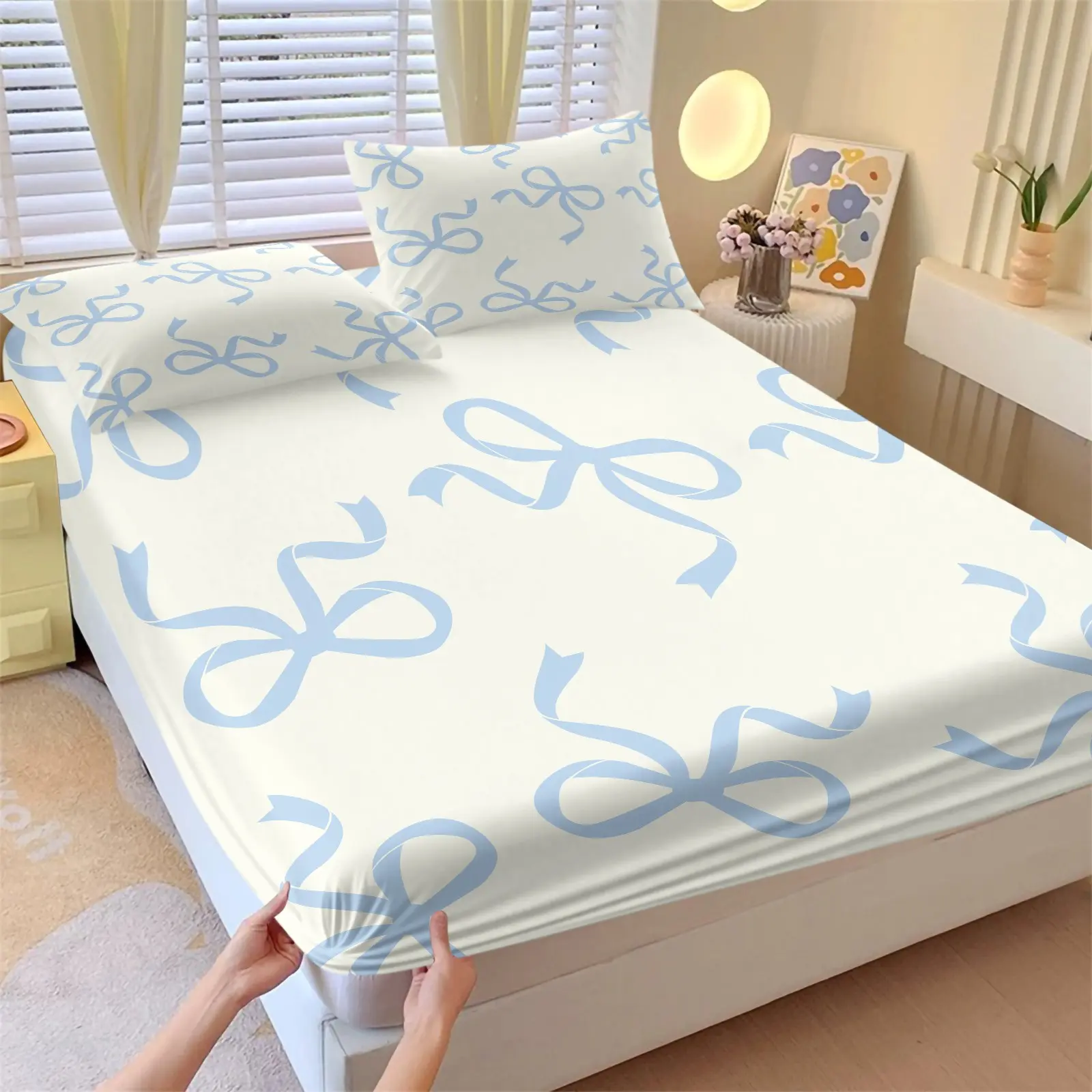 3Pcs Blue Ribbon Bow Fitted Sheet Set, Cream White Pastel Cute Aesthetic Deep Pocket Bed Sheets for Teen Girls, Soft Breathable Microfiber 360° Wrap Bedding with Pillowcases, Machine Washable Dorm Bedroom Decor