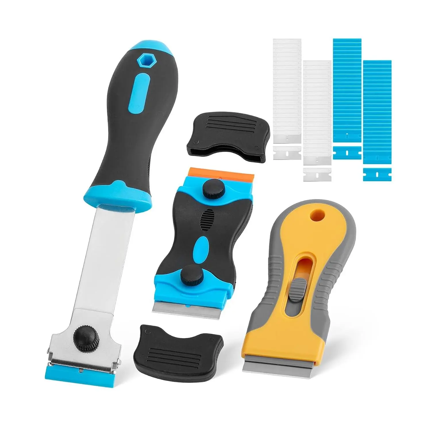 3-Pack Plastic+Metal Razor Scraper Set, Multi-Use Window Scraper Tool with 50 Plastic Blades & 30 Metal Blades for Tools & Hardware Applications