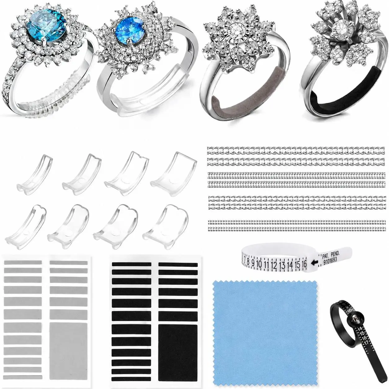 21Pcs Invisible Ring Size Adjuster for Loose Rings, Clear Ring Tightener Kit with Inserts, Spirals, Sizing Strips and Ring Sizer, Anti-Spin Ring Resizer for Women Men, Wedding Rings, Engagement Rings and Wide Bands 1-10mm