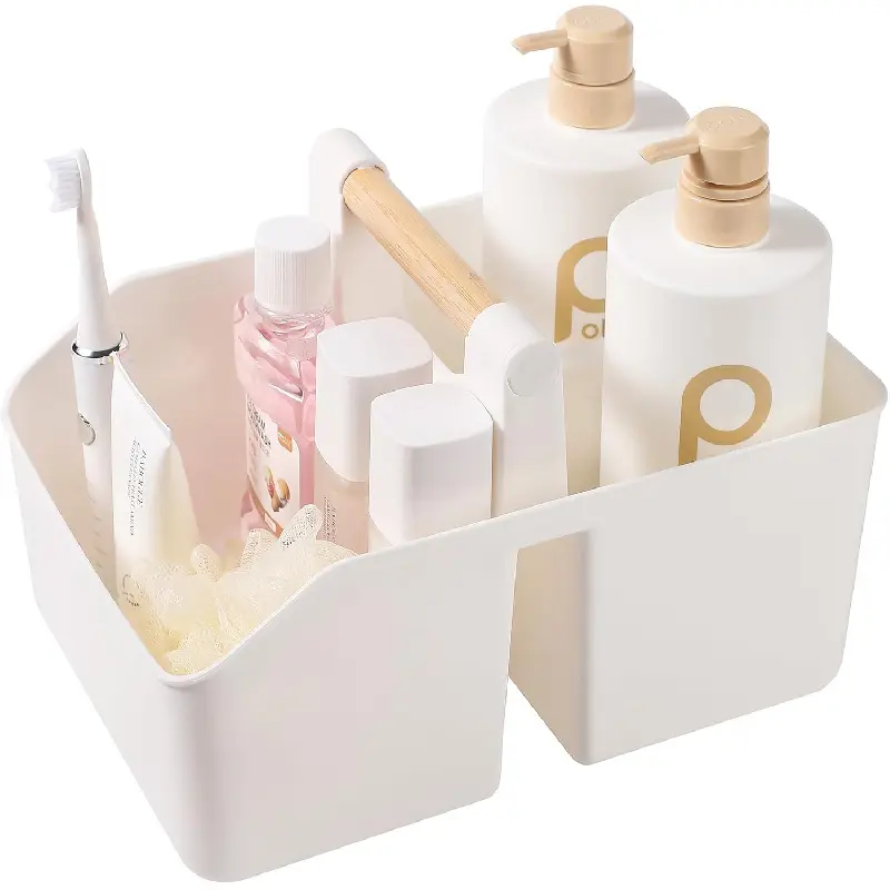 Portable Shower Caddy Basket with Bamboo Handle, Plastic Cleaning Caddy Bathroom Organizer Tote for College Dorm Essentials, Bath Toy Storage, White