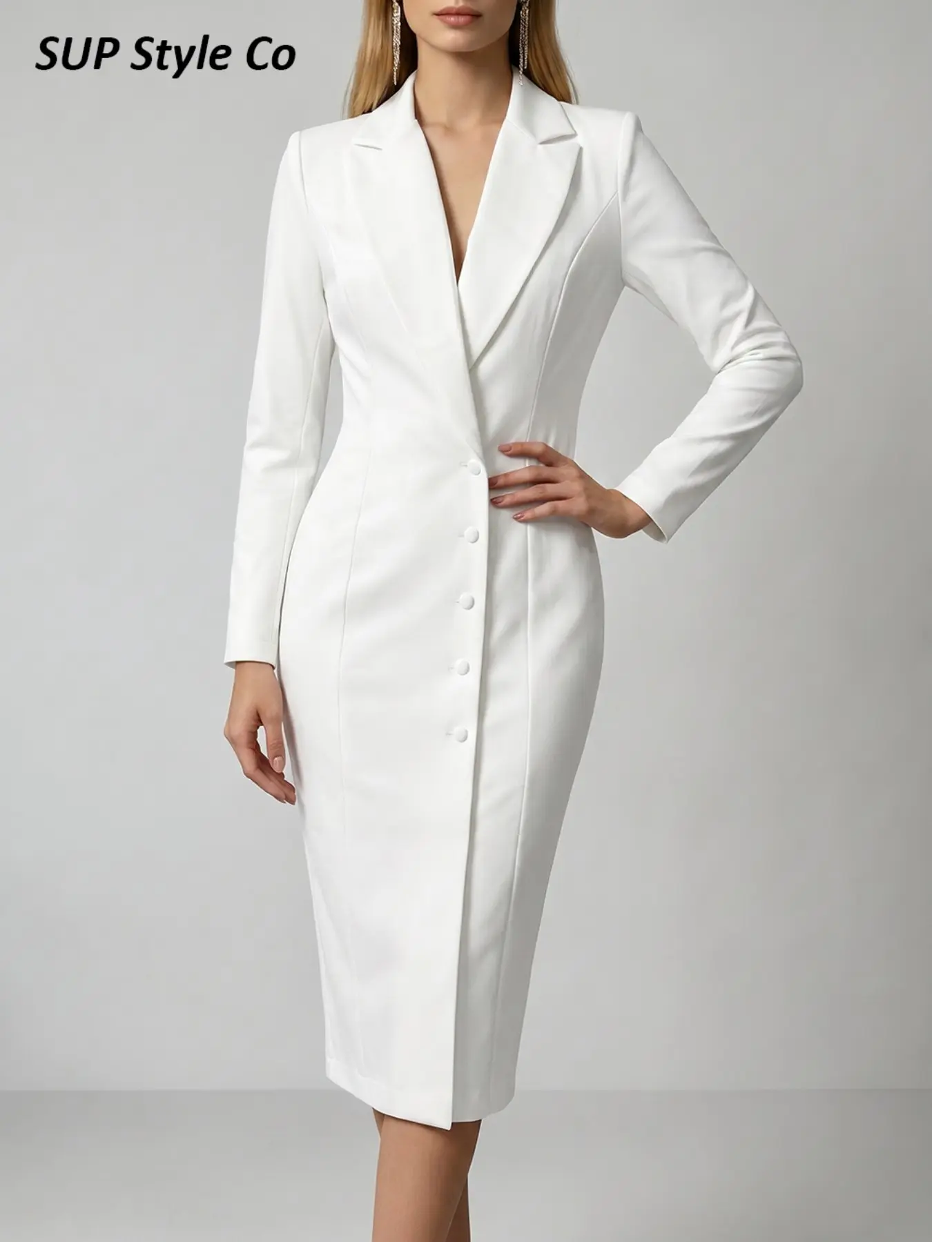 Elegant Waist-Cropped Formal Blazer Dress for Women, Long Sleeve Single Button Deep V Bodycon Midi Dress, Suitable for Cocktail Spring Autumn Office and High-End Social Events
