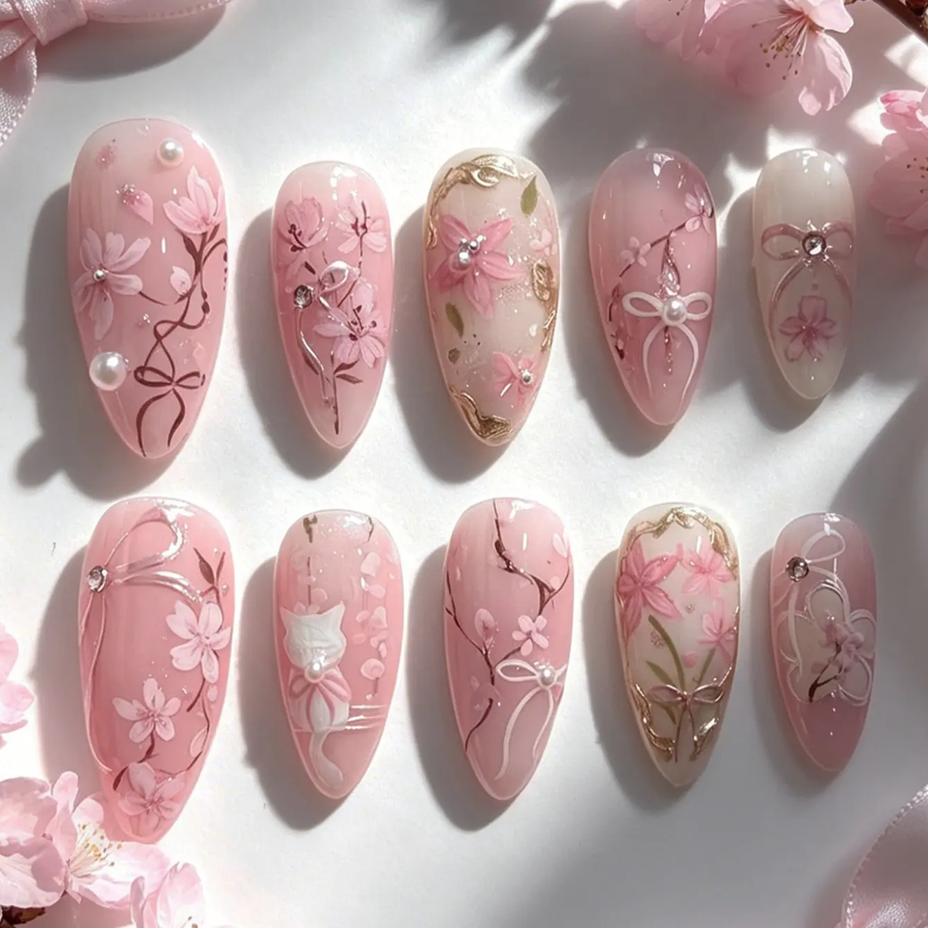 30 Pcs Cherry Blossom Cat Press on Nails, Fake Nails, Almond Shape Bow Pearl Rhinestone, Reusable Nail Tips for Women, XS S M Sizes