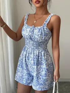 Women's  Floral Print Romper, Square Neck, Ruffled Shoulder Straps, Front Tie Detail, Smocked Waist, Wide Leg Shorts, Lightweight Breathable Woven Fabric, Daily Casual Vacation Beach Date Wear, French Romantic Sweet Style