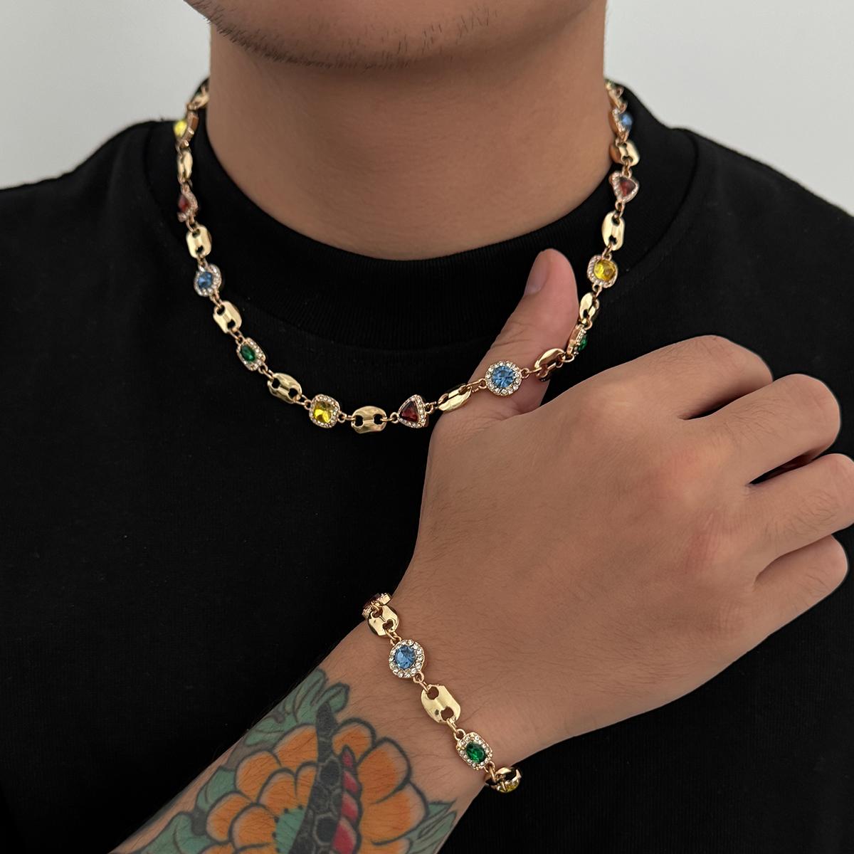 Trendy Exquisite Luxury Rhinestone Choker Necklace Bracelet Set for Men New Elegant Colorful Charm Necklace Y2K Jewelry