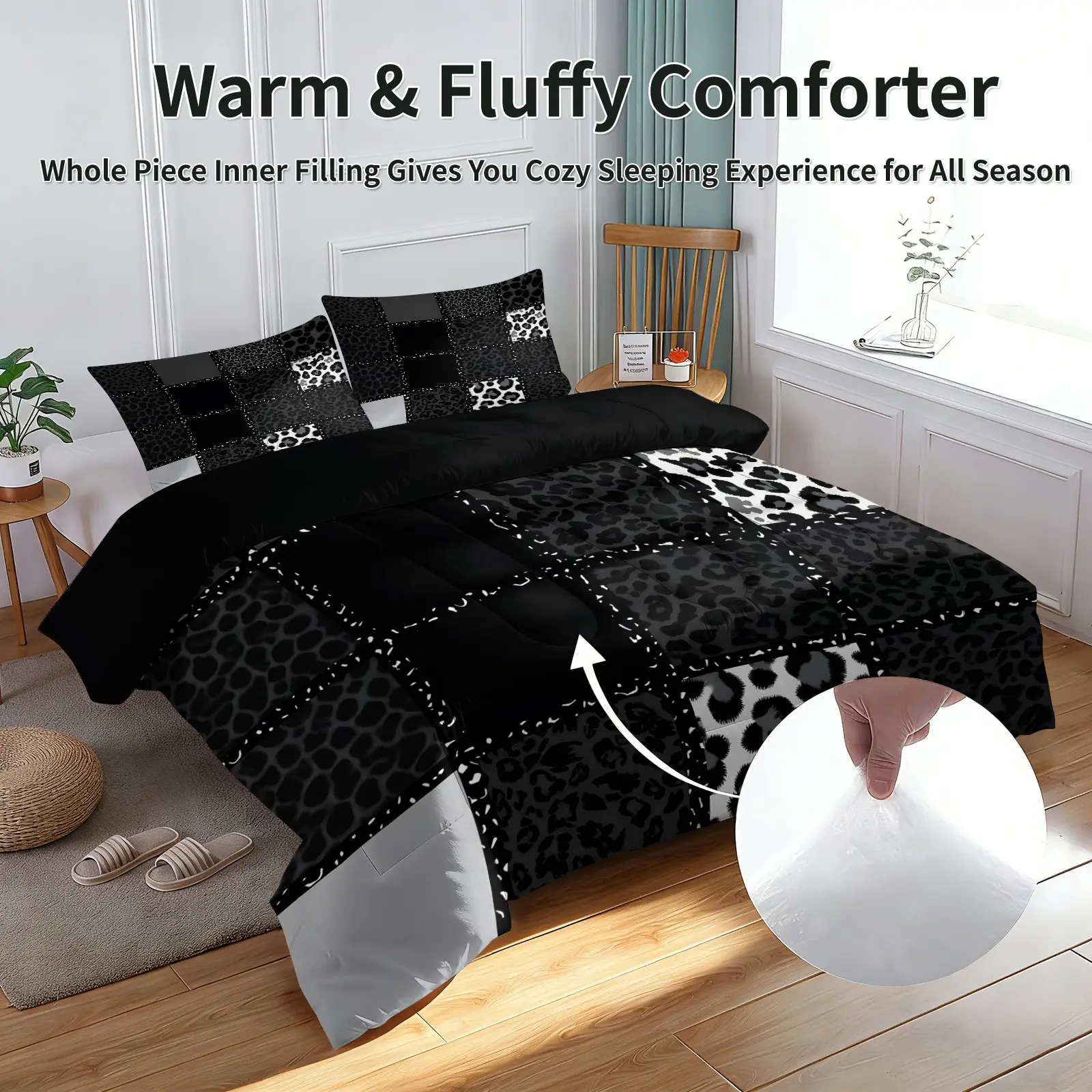 Black White Leopard Patchwork Quilted Comforter Set, Comfy Bed Sets, Cozy Bedding Set, 1 Comforter + 1-2 Pillowcases, Multi Tone Cheetah Solid Block Bedding All Size, Black lining Design, Animal Print Bed Set, Animal Print Lover Gift Bedroom Decor