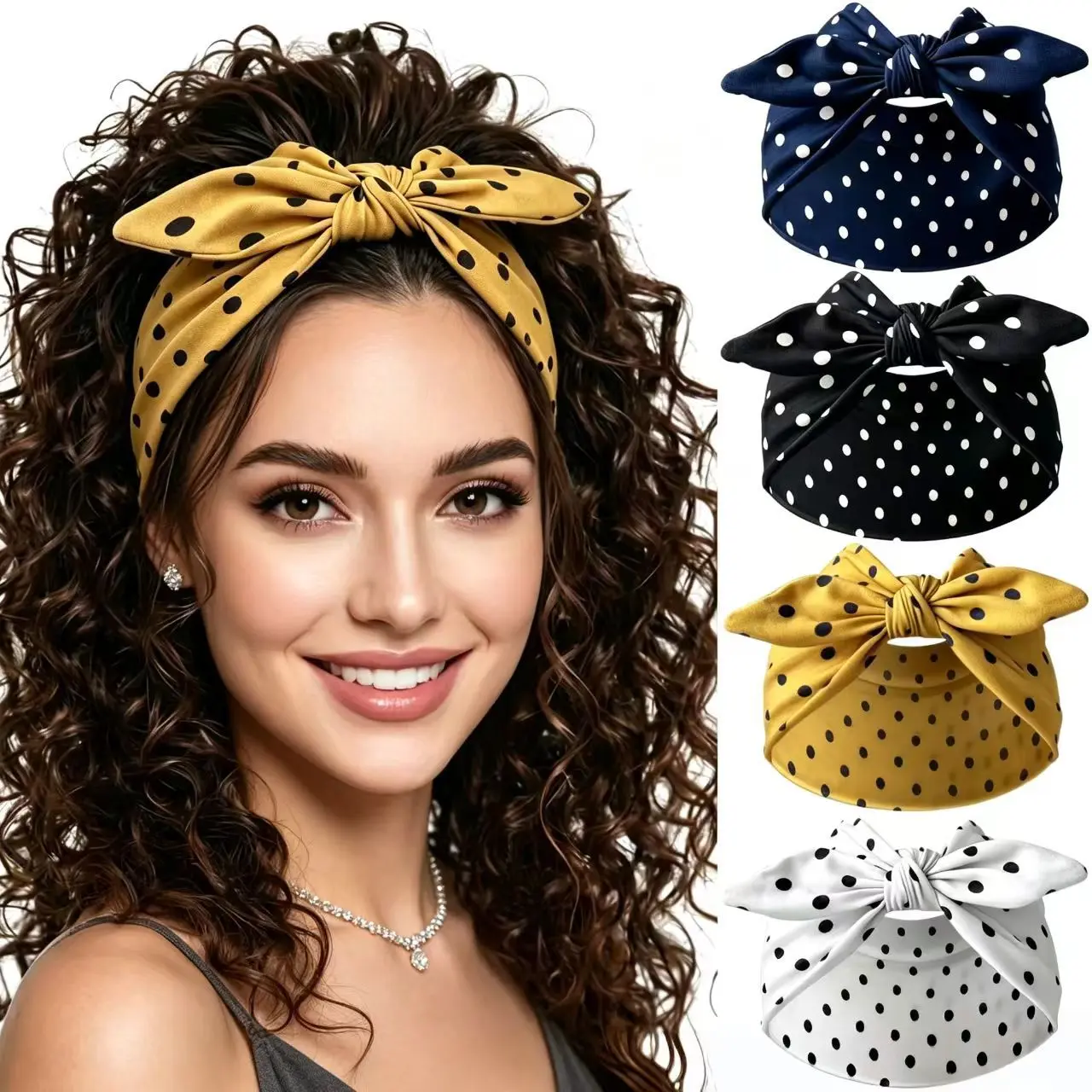 1/4PCS Hot Selling Wide Edge Polka Dot Elastic Print Headband Bow Rabbit Ear Hair Band Versatile Hair Accessory for Daily Wear Party Casual Use