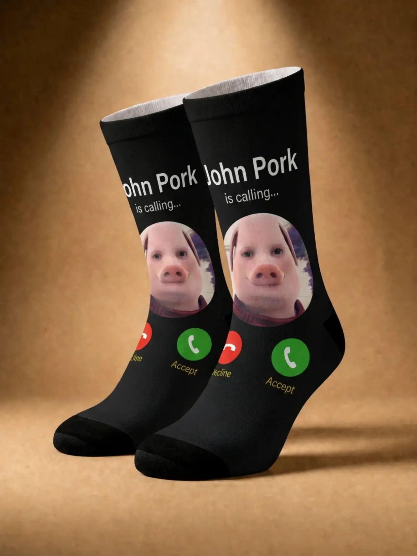 1 Pair of John Pork “Call” Meme Mid-Calf Socks  Funny “Call” Interface Print  Unisex 360° All-Over Print Design—Trendy Socks, Perfect as Gifts