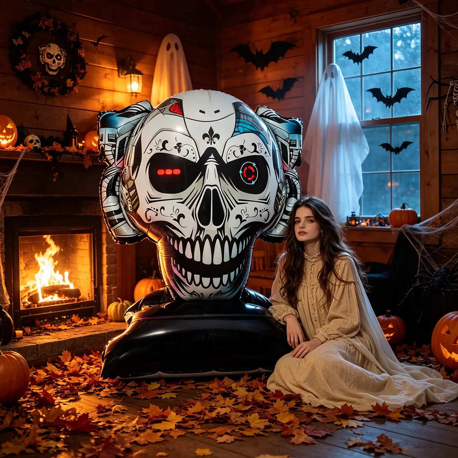 Giant Standing 3D Cyber Skull Balloon, Halloween Large Decorative Balloon, Gothic Mechanical Skeleton Foil Balloon, Horror Bat Ghost Theme Props