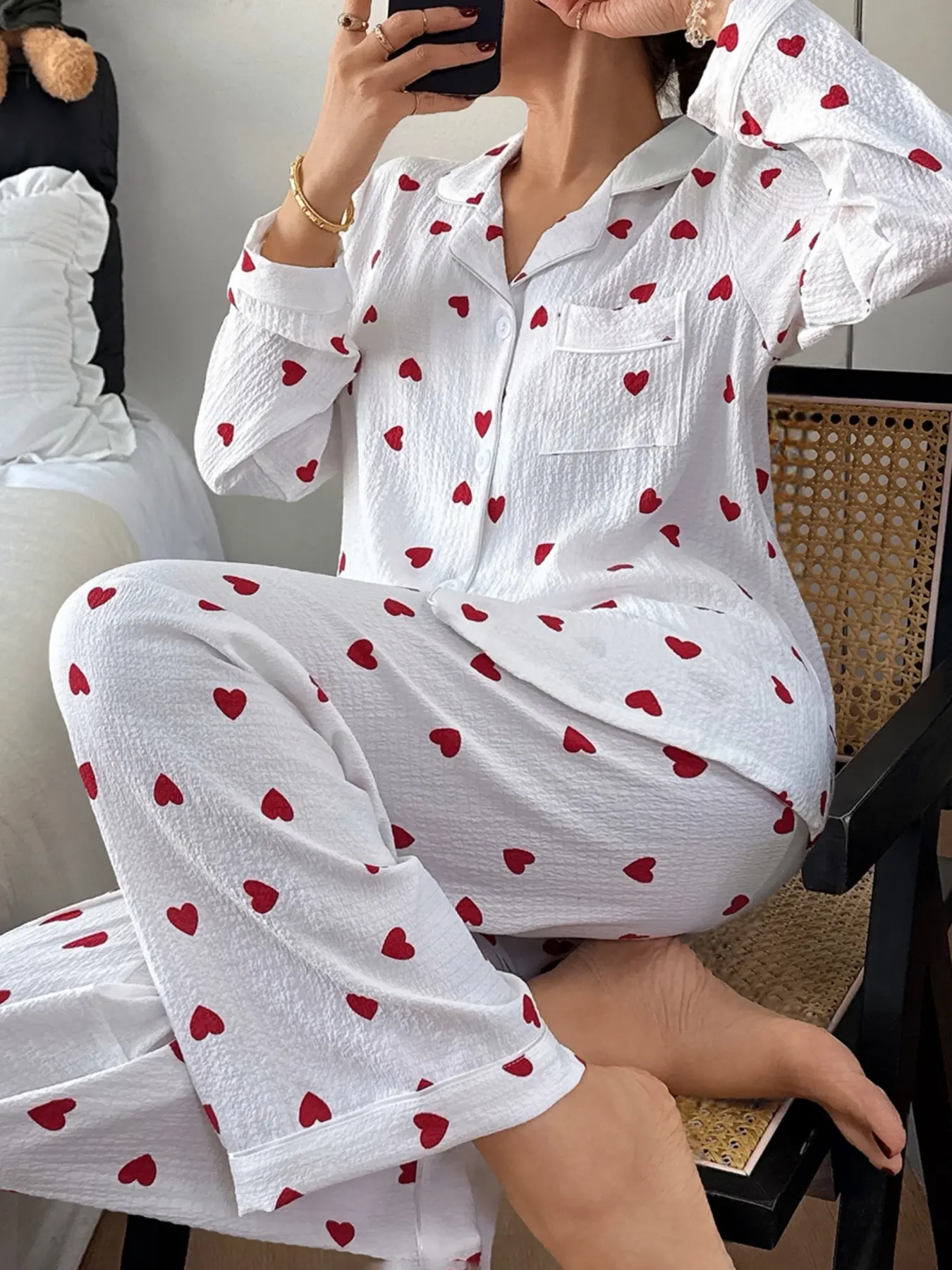 Women's Valentine's Day Bubble Heart Sleepwear Set, Long Sleeve Pajamas Button, Pjs, Home Wear, Loungewear, 2 Piece Suit, Comfortable Nightwear