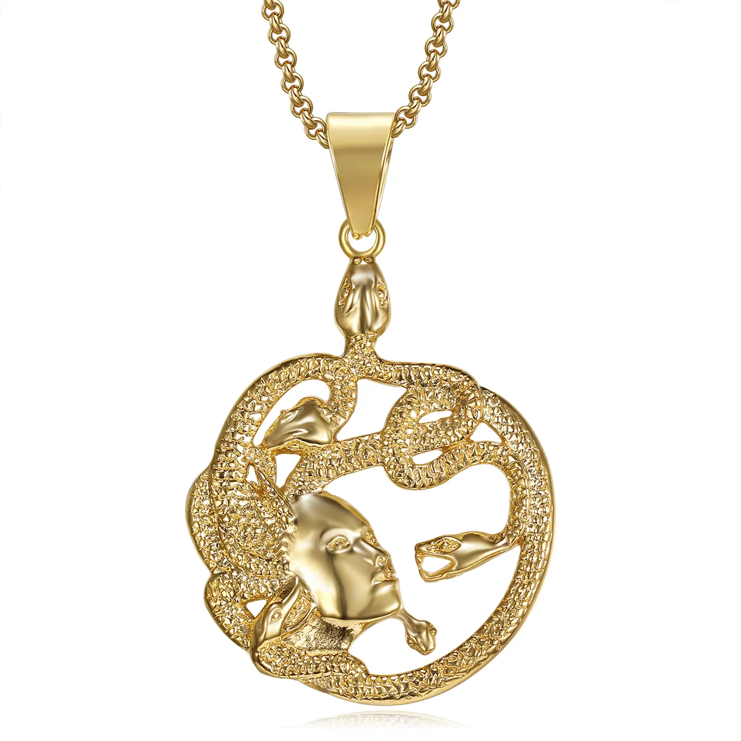 18K Gold Plated Medusa Gorgon Snake Head Pendant Medallion Stainless Steel Necklace for Women, Ancient Greek Jewelry Gift with 20 Inch Chain