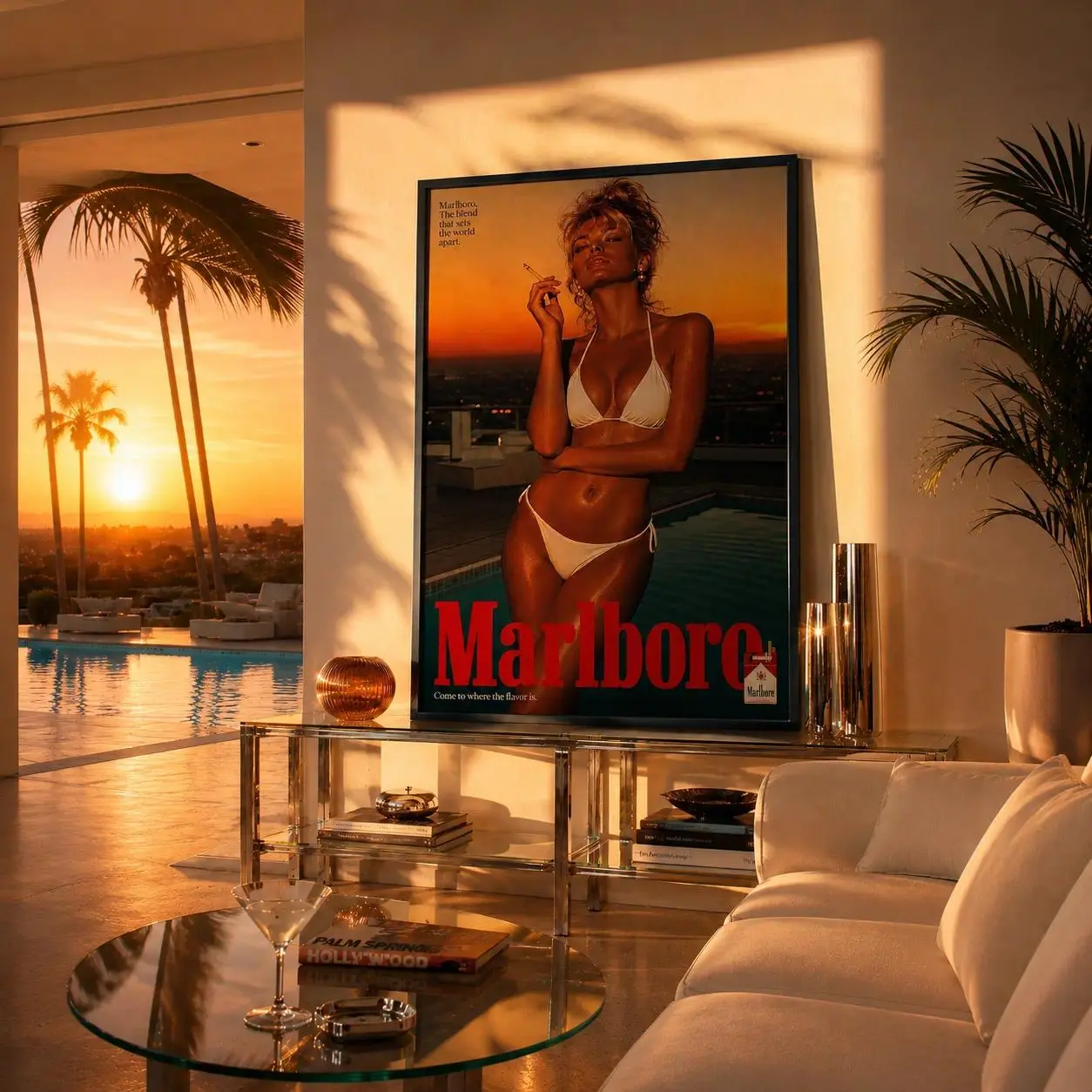 Vintage Marlboro-Style Cartoon Canvas Wall Print Set, Retro Summer Advertisement Art, Classic Americana Minimalist Home Decor, Poolside Accent