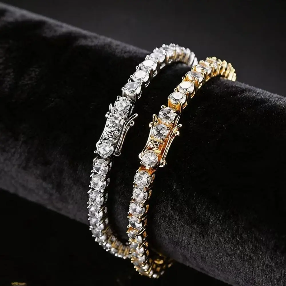 Men's Hip Hop Bracelet, Single Row Micro-Pave Cubic Zirconia on a Copper Base, Shiny Finish Tennis Chain for Party & Daily Wear, Bracelets, Male, Casual