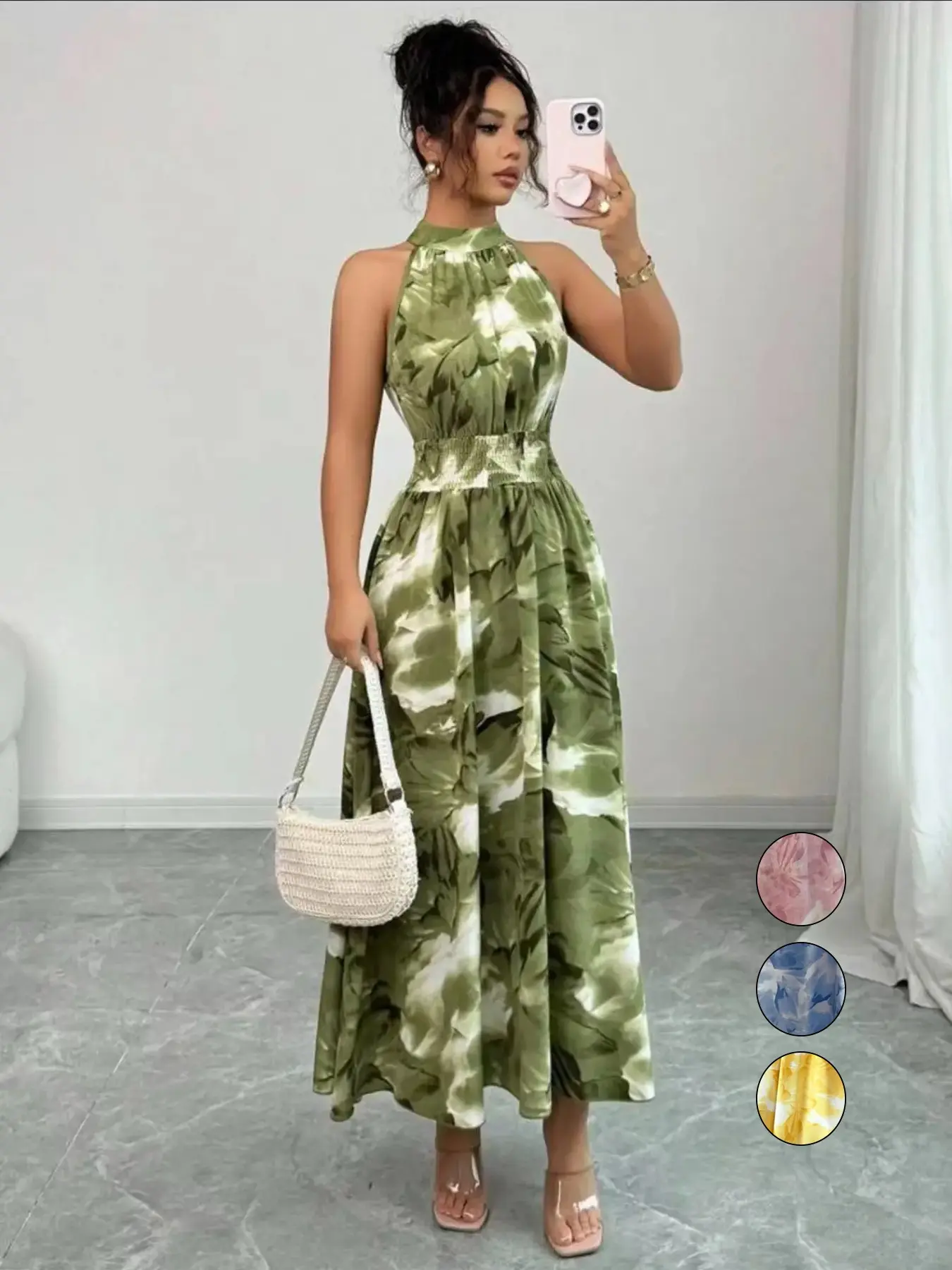 Elegant Boho Chic Olive Abstract Print Halter Sleeveless High Waist Long Dress, Womenswear, Flowy Fabric, Perfect for Vacation and Dinner Parties