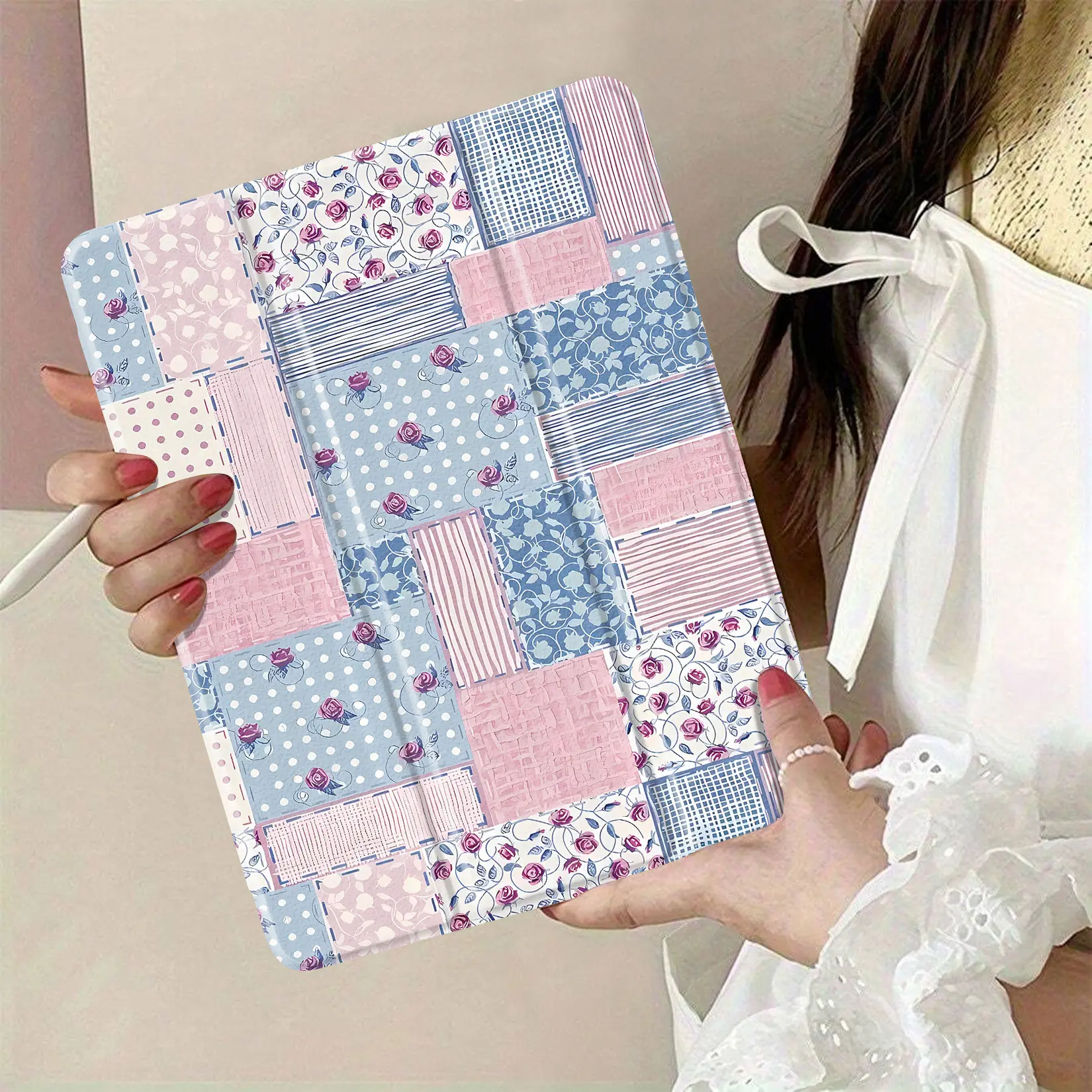 Pastel Quilted Fabric - Floral Print Patchwork, Polka Dot Patterns, Ideal for Crafters' Sewing Projects & Tablet Case Home Decor That Enhances Aesthetics