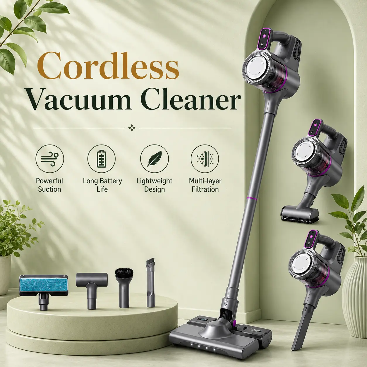 Stick Cordless Vacuum Cleaner with Mop - 15000Pa Strong Suction, Interchangeable Heads, Mite Remover, Compact Portable Whole Home Deep Cleaner for Pet Hair,Powerful