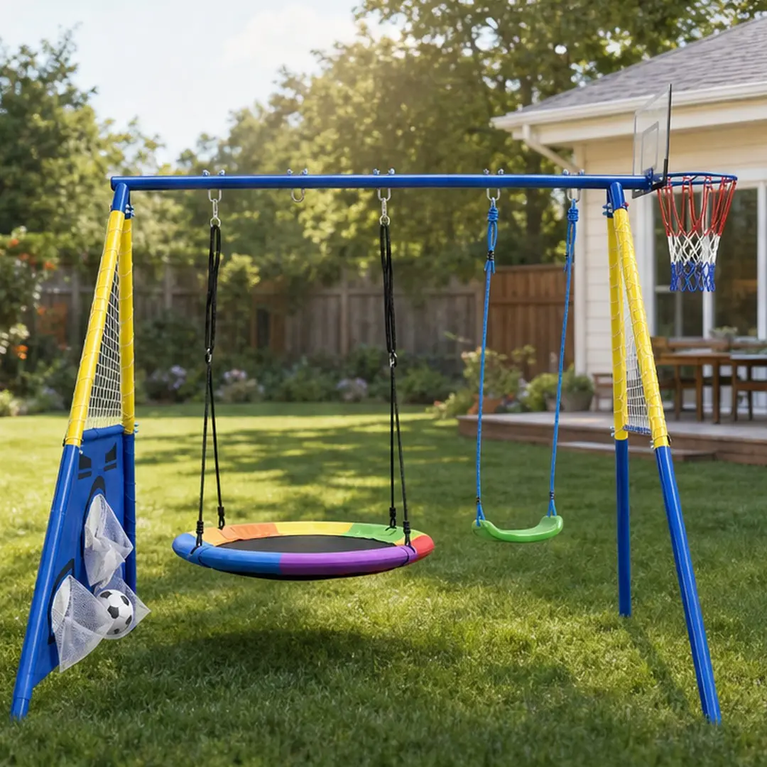 ARCH 5-in-1 Kids Swing Set with Saucer Swing, Belt Swing, Basketball Hoop & Soccer Goal, Heavy Duty Metal Frame Backyard Playground for Toddlers & Kids Ages 3-10, Blue Iron Construction, Adjustable Ropes, Weather-Resistant Outdoor Playset