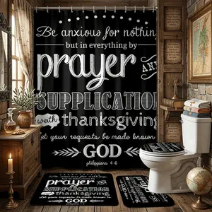4pcs Christian Bible Verse Shower Curtain, Chalkboard Scripture, Philippians Prayer, Thanksgiving Bath Curtain, Farmhouse Decor, Hooks Included