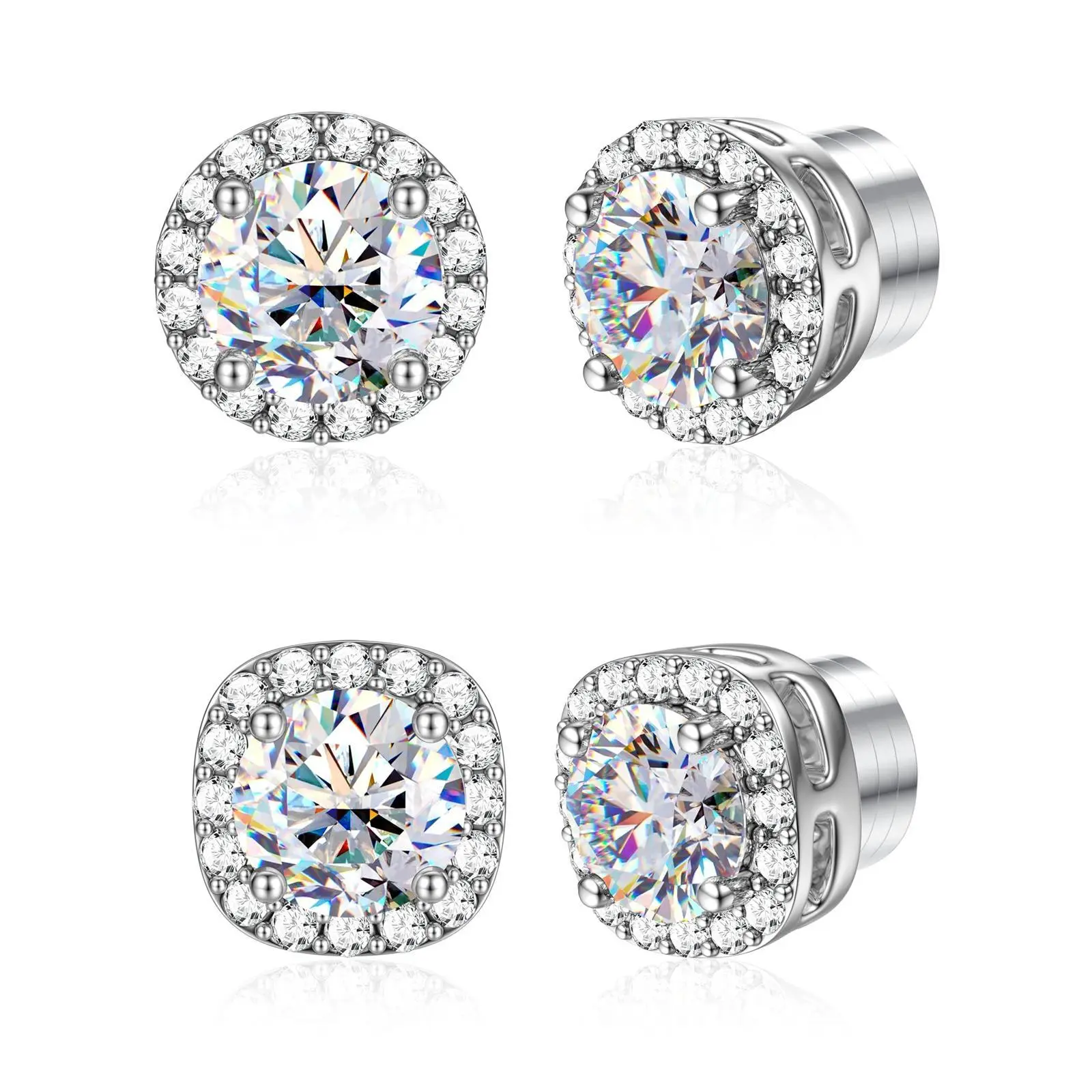 Magnetic Moissanite CZ Stud Earrings for Men and Women,Non Piercing Halo Earrings,Round & Square Designs,Classic & Trendy
