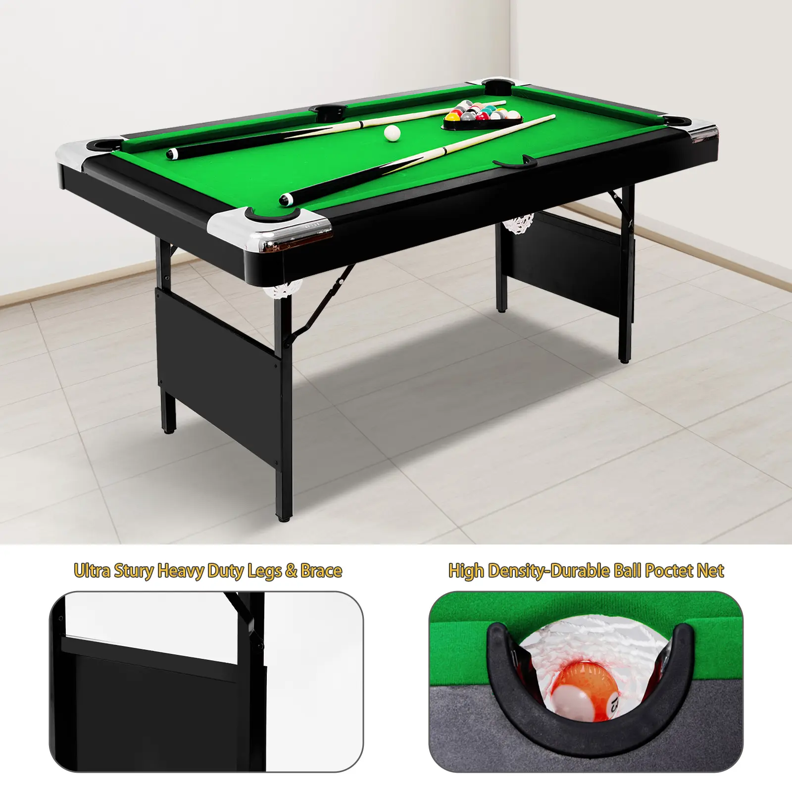 7 Ft Foldable Pool Table,Portable Folding Billiard Table for Kids and Adults, Indoor Pool Arcade Game Table with Cues,Balls,Triangle,Chalks for Family Game Rooms