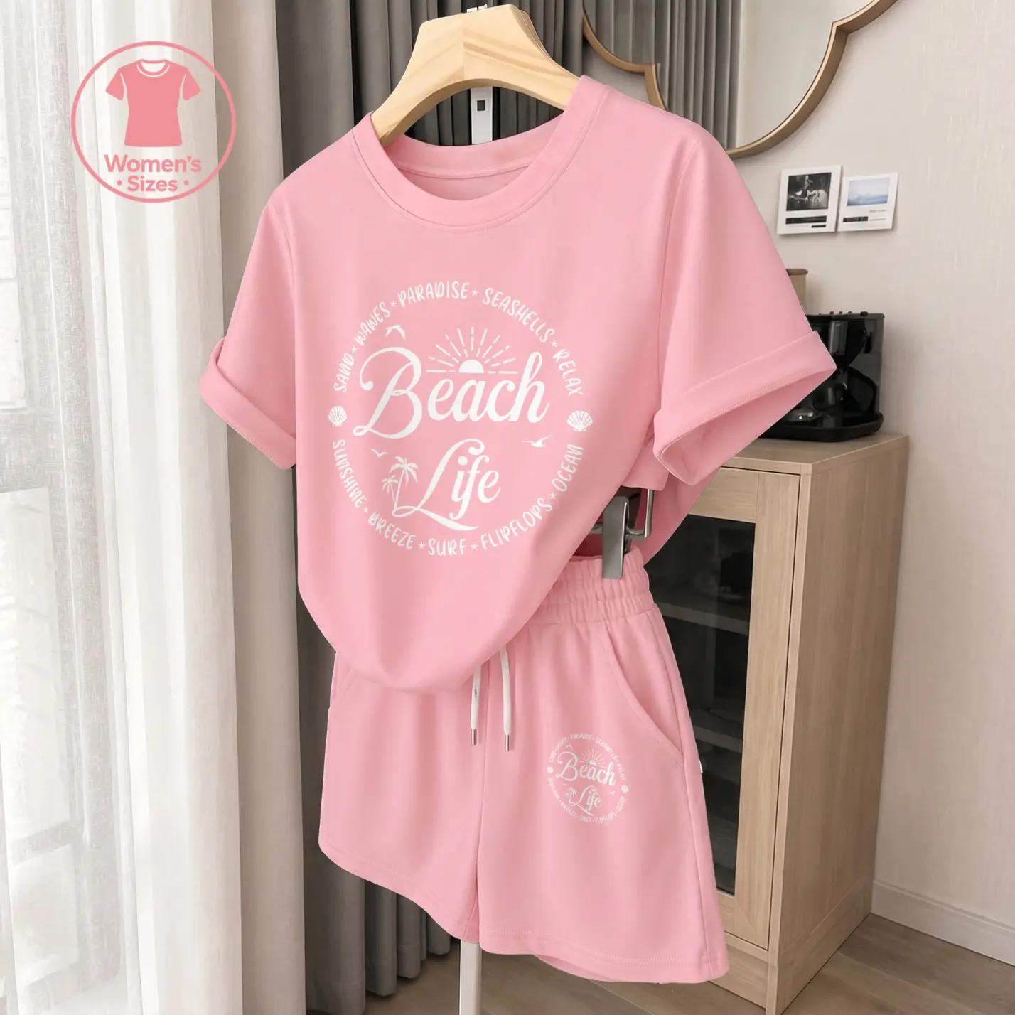 Women’s “Beach Life” Graphic Print Casual 2-Piece Shorts Set, Short Sleeve T-Shirt and Drawstring Shorts Outfit, Comfortable Lounge Set for Beach, Vacation, Cruise, Travel, Daily Wear and Summer Casual Style