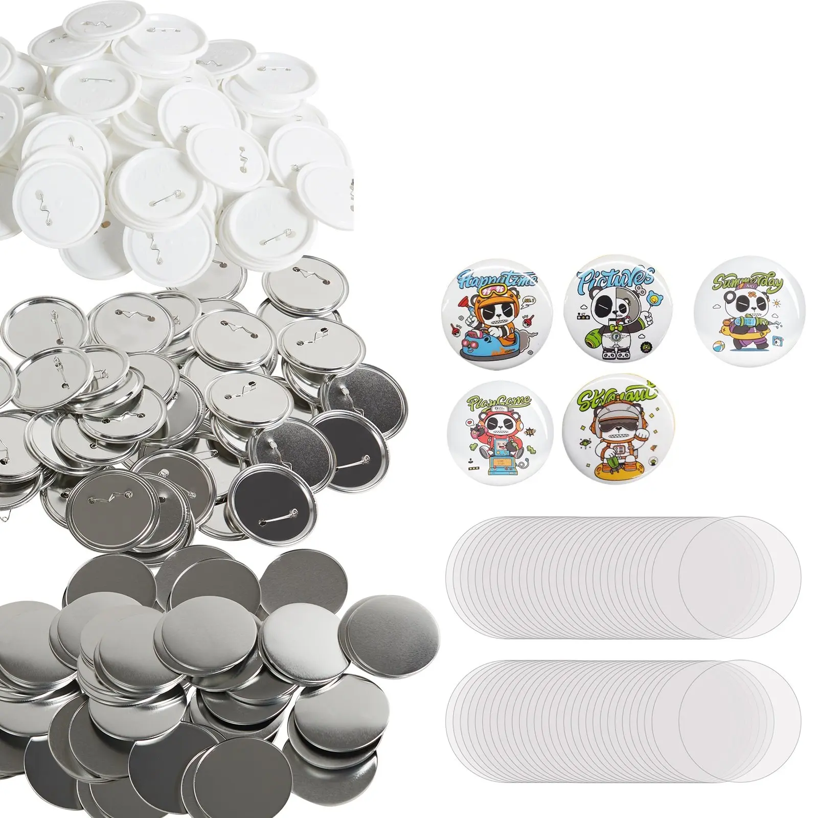 【toolupgrade】VEVOR 200 Sets 3 inch 75mm Pin Back Button Parts, DIY Round Button Badge Parts, Set Includes Metal Top, Plastic/Metal Button, Clear Film, and Blank Paper For Gifts Presents, Machine NOT Included