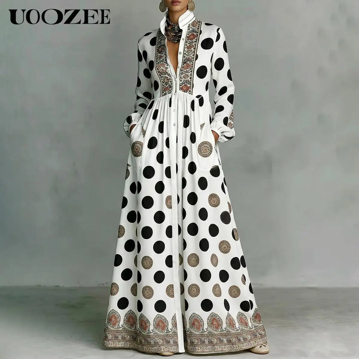 UOOZEE Women's New 2026 Polka Dot 100% Polyester Big Hemline Puff Sleeves Stand Collar Pockets Maxi Dress, Tribal Print Long Sleeve Button-Front Dress, Vacation Shirt  Dress, Tall Length (Ladies with C - Cup and Above Need To Order Two Size Up)