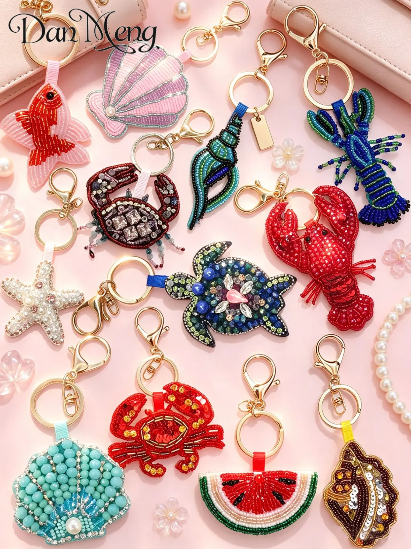 Handmade Beaded Ocean Keychain Pendant, Lobster Crab Shell Turtle Bag Charm, Beach Accessory Gift, Unique Handcrafted Jewelry