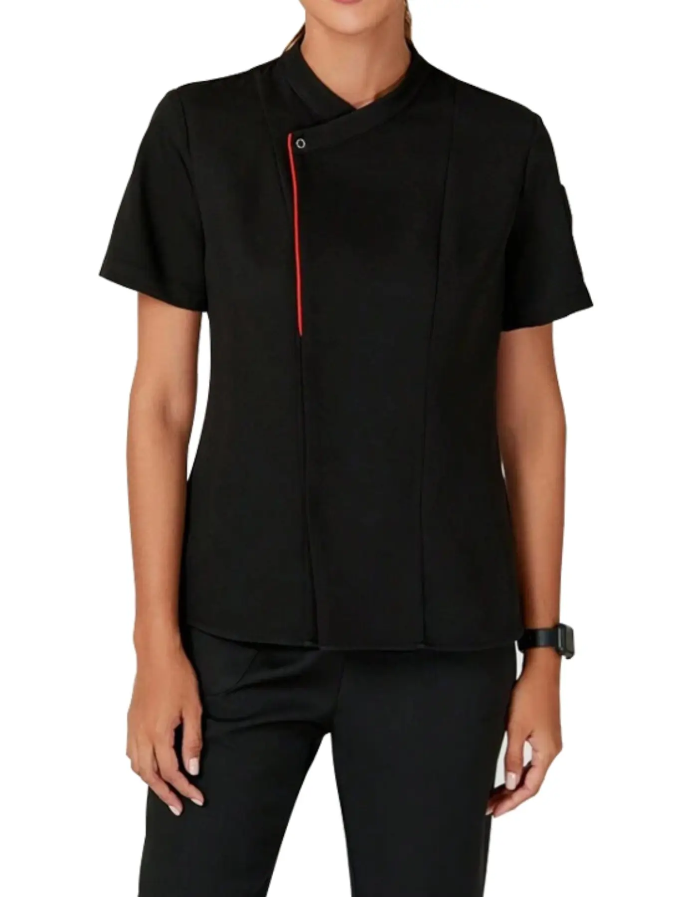 Women's Chef Coat Short Sleeve Top, Stand Collar Line Design, Slim Fit Kitchen Uniform, Restaurant Bakery Workwear Set