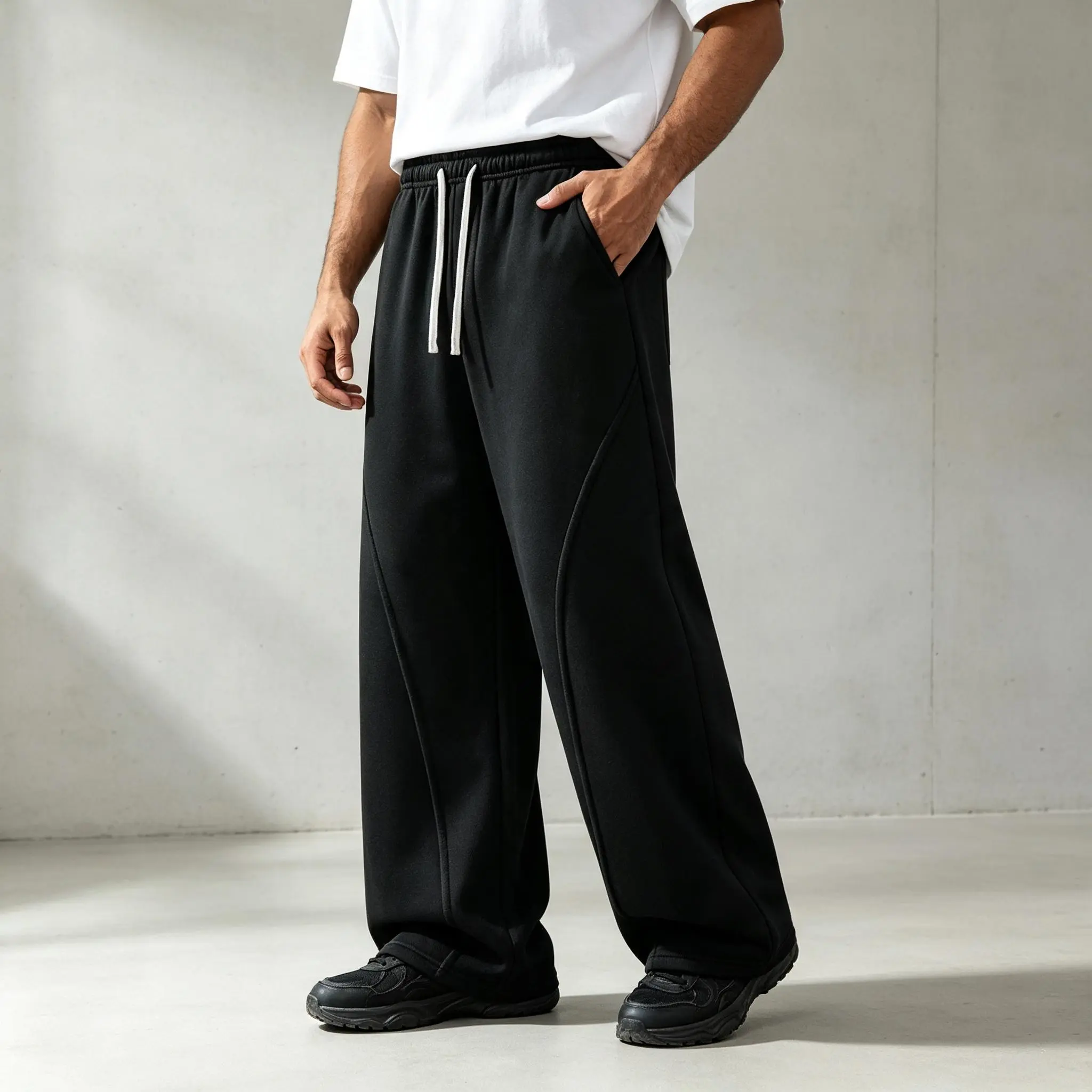 Men Soft Baggy Wide‑Leg Trousers, Urban Streetwear Sweatpants with Distinct Curved Seam Craft, Elastic Drawcord Waistband, Comfort Bottoms for City Strolls and Casual Everyday Fits US Direct Shipping